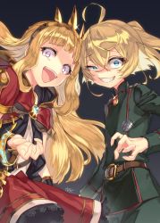 Rule 34 | 10s, 2girls, :d, ahoge, belt, blonde hair, blue eyes, cagliostro (granblue fantasy), crossover, dress, evil grin, evil smile, granblue fantasy, grin, hairband, half-closed eye, highres, long hair, long sleeves, looking at viewer, military, military uniform, multiple girls, nanaki awa, open mouth, purple eyes, red dress, signature, smile, spiked hairband, spikes, tanya degurechaff, trait connection, uneven eyes, uniform, very long hair, youjo senki