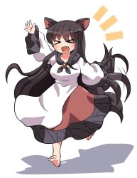 Rule 34 | &gt; &lt;, 1girl, animal ears, arm up, barefoot, black hair, blush, breasts, brooch, dress, fang, full body, highres, imaizumi kagerou, jewelry, large breasts, long hair, long sleeves, open mouth, red dress, rokugou daisuke, signature, simple background, smile, solo, tail, touhou, white background, white dress, wide sleeves, wolf ears, wolf tail