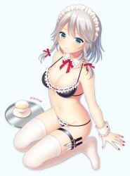 Rule 34 | 1girl, bare arms, bare shoulders, bikini, black bikini, blue background, blue eyes, braid, breasts, cleavage, closed mouth, commentary request, cup, detached collar, full body, hair ribbon, highres, holster, izayoi sakuya, knife, looking at viewer, maid headdress, medium breasts, nail polish, navel, no shoes, red nails, red ribbon, revision, ribbon, ribbon-trimmed bikini, ribbon trim, saucer, silver hair, simple background, sitting, skindentation, solo, sweatdrop, swimsuit, tea, teacup, thigh holster, thighhighs, touhou, tray, twin braids, white thighhighs, wrist cuffs, yamayu