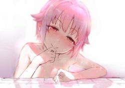 Rule 34 | 1girl, bath, blurry, blush, collarbone, commentary request, ears visible through hair, full-face blush, hand on own chin, hat, head tilt, highres, idolmaster, idolmaster cinderella girls, koshimizu sachiko, nude, pink hat, pink tiles, red eyes, short hair, smile, smug, solo, tiles, uni (plastic girl), water drop, white background
