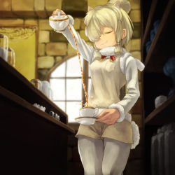 Rule 34 | &gt;:), 10s, 1girl, alpaca ears, alpaca suri (kemono friends), alpaca tail, animal ears, arm up, blonde hair, breasts, brick wall, cafe, closed eyes, commentary request, counter, cup, decantering, eyes visible through hair, fur trim, gradient hair, hair over one eye, hanpitsu (palewhite), indoors, kemono friends, legs together, long sleeves, multicolored hair, neck ribbon, pantyhose, pantyhose under shorts, pouring, ribbon, saucer, shelf, shorts, sidelocks, smile, solo, standing, tail, tea, teacup, teapot, v-shaped eyebrows, white pantyhose, window