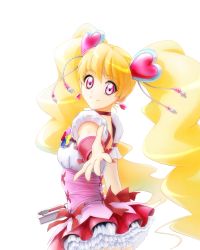 Rule 34 | 1girl, blonde hair, choker, closed mouth, cure peach, earrings, erufa (pixiv), fresh precure!, hair between eyes, hair ornament, heart, heart earrings, heart hair ornament, highres, jewelry, layered skirt, long hair, looking at viewer, miniskirt, momozono love, outstretched arm, pink eyes, precure, reaching, reaching towards viewer, skirt, smile, solo, transparent background, twintails, very long hair, white skirt