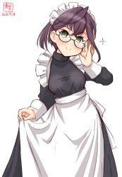 Rule 34 | 1girl, adjusting eyewear, alternate costume, apron, artist logo, black dress, black hair, blue-framed eyewear, commentary request, cowboy shot, dated, dress, enmaided, frilled apron, frills, glasses, green eyes, highres, kanon (kurogane knights), kantai collection, looking at viewer, maid, maid headdress, multicolored hair, okinami (kancolle), pink hair, short hair, simple background, skirt hold, solo, turtleneck, white apron, white background