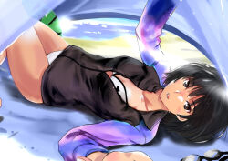 Rule 34 | 1girl, amagami, beach, beach towel, bikini, black hair, black jacket, blurry, blush, bokeh, breasts, brown eyes, cleavage, collarbone, commentary, depth of field, feet out of frame, food, fruit, goggles, jacket, jacket over swimsuit, knees up, light rays, looking at viewer, lying, messy hair, multicolored clothes, multicolored jacket, murasaki iro, nanasaki ai, ocean, on back, parted lips, partially unzipped, purple jacket, raglan sleeves, sand, selfie, short hair, small breasts, solo, sunbeam, sunlight, swimsuit, tent, towel, two-tone jacket, water, watermelon, white bikini