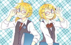 Rule 34 | 1boy, 1girl, adjusting eyewear, bespectacled, binder, blonde hair, blue eyes, brother and sister, glasses, hair ornament, hairclip, kagamine len, kagamine rin, necktie, one eye closed, plaid, plaid background, plaid necktie, plaid neckwear, red-framed eyewear, red necktie, short hair, siblings, suzumi (fallxalice), twins, vocaloid, wink