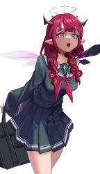 Rule 34 | 1girl, absurdres, asymmetrical wings, bag, black skirt, blue eyes, braid, breasts, commentary, english commentary, flower, hair flower, hair ornament, halo, hanho, highres, hololive, hololive english, horns, irys (gaming casual) (hololive), irys (hololive), long hair, medium breasts, mismatched wings, multicolored hair, official alternate costume, purple hair, red eyes, red hair, ribbon, school bag, school uniform, skirt, solo, star-shaped pupils, star (symbol), star halo, symbol-shaped pupils, twin braids, two-tone hair, virtual youtuber