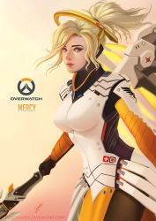 Rule 34 | 1girl, artist name, blonde hair, blue eyes, bodysuit, breasts, character name, copyright name, cowboy shot, emblem, eyebrows, eyeliner, eyeshadow, gradient background, halo, high ponytail, holding, holding staff, joycelyn ong, large breasts, lips, long hair, looking at viewer, makeup, mechanical halo, mechanical wings, mercy (overwatch), nose, overwatch, overwatch 1, pantyhose, parted lips, pink background, ponytail, signature, solo, staff, swiss flag, watermark, web address, wings, yellow background, yellow wings