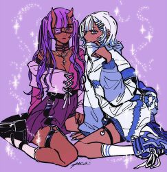 Rule 34 | 2girls, check copyright, colored skin, copyright request, demon girl, earrings, eyepatch, green eyes, hair around ear, highres, horns, jewelry, long hair, looking at viewer, multiple girls, neck ribbon, original, purple background, purple eyes, purple hair, purple skirt, red skin, ribbon, skirt, tag, twintails, twuky, white hair