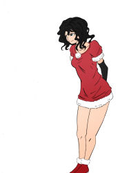 Rule 34 | 1girl, against wall, alternate costume, amagami, arms behind back, black eyes, black gloves, black hair, boots, elbow gloves, fur trim, gloves, invisible wall, legs, long hair, messy hair, no headwear, red footwear, red shirt, santa costume, shirt, simple background, smile, solo, takatou, tanamachi kaoru, white background