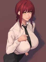 Rule 34 | 1girl, breasts, chainsaw man, highres, large breasts, looking at viewer, makima (chainsaw man), metal owl (aden12), necktie, pants, red hair, shirt, simple background, solo, yellow eyes
