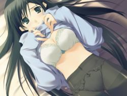 Rule 34 | 1girl, bed sheet, black hair, blush, bow, bow bra, bow panties, bra, breasts, cleavage, clothes lift, covered navel, cowboy shot, crotch seam, dutch angle, embarrassed, from above, game cg, green eyes, hands on own chest, indoors, lace, lace-trimmed bra, lace-trimmed panties, lace trim, large breasts, lingerie, long hair, long sleeves, looking at viewer, lying, midriff, mitsumi misato, nakamura takeshi, no pants, on back, on bed, panties, panties under pantyhose, pantyhose, parted lips, raised eyebrows, sakaki shinobu, shade, shirt lift, sleeves past wrists, solo, tenshi no inai 12-gatsu, thigh gap, thighband pantyhose, underwear, undressing, very long hair, white bra