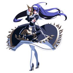Rule 34 | 1girl, ahoge, blue eyes, blue hair, dress, ecole, fighting stance, french-bread, full body, high heels, highres, huge ahoge, long hair, matching hair/eyes, official art, orie ballardiae harada, pantyhose, rapier, shoes, solo, spikes, standing, stiletto heels, sword, tiptoes, transparent background, under night in-birth, very long hair, weapon, white background, white pantyhose, yoshihara seiichi