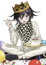 Rule 34 | 1boy, balloon, black footwear, black hair, cake, candle, checkered clothes, checkered scarf, crown, danganronpa (series), danganronpa v3: killing harmony, eating, flipped hair, food, food on face, fork, fruit, grey jacket, grey pants, highres, indian style, jacket, long sleeves, looking at viewer, male focus, open mouth, oma kokichi, pants, purple eyes, renshu usodayo, scarf, short hair, simple background, sitting, smile, solo, straitjacket, tongue, tongue out, white background