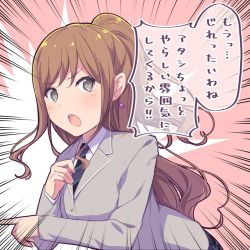 Rule 34 | 1girl, :o, ayasaka, bang dream!, blazer, blue necktie, brown hair, commentary request, earrings, emphasis lines, grey eyes, grey jacket, half updo, hand on own chest, imai lisa, jacket, jewelry, long hair, long sleeves, necktie, pointing, rabbit earrings, sidelocks, solo, striped necktie, striped neckwear, translation request, upper body, v-shaped eyebrows