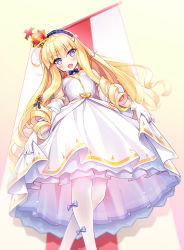 Rule 34 | 1girl, azur lane, bare shoulders, blonde hair, blue bow, blue bowtie, blue eyes, blush, bow, bowtie, breasts, commentary request, crossed legs, crown, dress, feet out of frame, from below, gloves, hair between eyes, hair bow, hairband, highres, lace-trimmed hairband, lace trim, leaning to the side, long hair, looking at viewer, looking down, mini crown, pantyhose, queen elizabeth (azur lane), queen elizabeth (the queen&#039;s ball) (azur lane), ribbed legwear, ringlets, skirt hold, sleeveless, sleeveless dress, small breasts, solo, standing, tilted headwear, very long hair, white bow, white dress, white gloves, white hairband, white pantyhose, youta