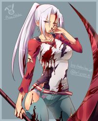 Rule 34 | 1girl, arai nobu, bad id, bad pixiv id, belt, blood, blood on face, blood stain, blush, breasts, casual, chloe fleurage, denim, dog tags, english text, frown, gloves, large breasts, long hair, looking at viewer, original, panties, ponytail, red eyes, scythe, shiny clothes, shiny skin, shorts, solo, standing, torn clothes, underwear, watermark, weapon, web address, white hair, white panties