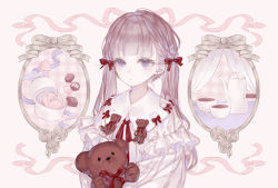 Rule 34 | 1girl, blue eyes, bow, chocolate, collar, hair bow, hair ribbon, highres, long hair, long sleeves, looking at viewer, neck ribbon, original, parted lips, picture frame, pink background, puffy long sleeves, puffy sleeves, red bow, red ribbon, ribbon, simple background, solo, stuffed animal, stuffed toy, tagme, teddy bear, twintails, yoggi (stretchmen)