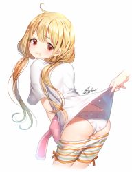 Rule 34 | 10s, 1girl, :t, ahoge, aile (crossroads), animal print, ass, bike shorts, bike shorts pull, blonde hair, brown eyes, clothes lift, clothes pull, from behind, futaba anzu, idolmaster, idolmaster cinderella girls, leaning forward, lifting another&#039;s clothes, long hair, looking at viewer, looking back, panties, print panties, rabbit print, shirt, shirt lift, shorts, shorts pull, signature, simple background, solo, striped bike shorts, striped clothes, stuffed animal, stuffed rabbit, stuffed toy, t-shirt, twintails, underwear
