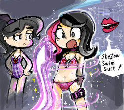 Rule 34 | 1boy, 1girl, belt, bikini, black hair, blush, breasts, brother and sister, bulge, cleavage, crossdressing, english text, eyeshadow, frown, guy hamdon, hands on own hips, kelly hamdon, long hair, makeup, mole, multicolored hair, navel, one-piece swimsuit, open mouth, penis in swimsuit, pink hair, ponytail, shezow, shezow (character), siblings, sukaponta, swimsuit, trap