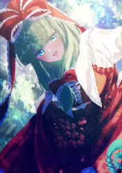 Rule 34 | 1girl, absurdres, aqua eyes, blunt bangs, blush, commentary request, cross-laced clothes, dress, floral print, frilled ribbon, frills, front ponytail, green hair, highres, kagiyama hina, kobara suita, looking at viewer, red dress, red ribbon, ribbon, skirt hold, smile, solo, touhou