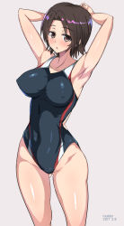 Rule 34 | 10s, 1girl, armpits, arms behind head, arms up, black one-piece swimsuit, blush, breasts, brown eyes, brown hair, competition swimsuit, covered navel, cowboy shot, covered erect nipples, girls und panzer, highres, looking at viewer, mordeth, one-piece swimsuit, parted lips, sawa azusa, short hair, simple background, solo, swimsuit, white background