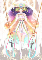 Rule 34 | 1girl, alternate costume, arms at sides, blunt ends, blush, boots, bracelet, capelet, closed mouth, collared capelet, cross, dot nose, dress, full body, green eyes, green hair, headwear request, high collar, holding, jewelry, knee boots, looking at viewer, magia record: mahou shoujo madoka magica gaiden, mahou shoujo madoka magica, multicolored flower, multicolored ribbon, natsume kako, object request, oka (umanihiki), ribbon, short dress, short hair, smile, snowflakes, solo, standing, two-sided fabric, unofficial holy design (magia record), white capelet, white dress, white footwear