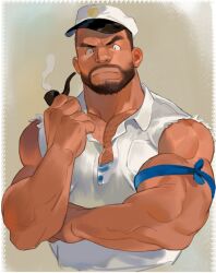 Rule 34 | 1boy, arm wrap, atcesolcyc, bara, beard, biceps, big nose, chest hair, cropped torso, dark-skinned male, dark skin, facial hair, frown, hat, holding, holding smoking pipe, large pectorals, looking at viewer, male focus, mature male, muscular, muscular male, mustache, original, partially unbuttoned, pectoral cleavage, pectorals, sailor, sailor collar, sailor hat, sailor shirt, shirt, short hair, sleeveless, sleeveless shirt, smoking pipe, solo, thick eyebrows, torn clothes, torn sleeves