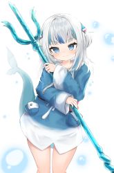 Rule 34 | 1girl, absurdres, ame to ame, animal costume, animal hood, blue eyes, blue hair, blue hoodie, blunt bangs, breasts, fins, fish tail, gawr gura, hair ornament, highres, holding, holding trident, holding weapon, hololive, hololive english, hood, hoodie, long sleeves, looking at viewer, medium hair, multicolored hair, polearm, shark costume, shark girl, shark hair ornament, shark hood, shark tail, short twintails, sleeves past wrists, small breasts, smile, solo, streaked hair, tail, trident, twintails, two side up, virtual youtuber, weapon, white hair, wide sleeves