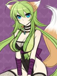 Rule 34 | 1girl, ahoge, animal ears, bandages, bare shoulders, black choker, blue eyes, choker, closed mouth, commentary request, dated, fishnet thighhighs, fishnets, fox ears, fox tail, green hair, hair between eyes, hair ornament, heart, heart background, jewelry, konshin, looking at viewer, necklace, original, purple background, signature, sitting, solo, tail, thighhighs