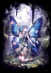 Rule 34 | 1girl, arch, artist name, bare arms, bare legs, barefoot, blue hair, blurry, blurry background, bug, butterfly, butterfly wings, commentary request, day, dress, eternity larva, forest, grass, green dress, head wreath, highres, insect, insect wings, kneeling, looking to the side, mixed-language commentary, nature, outdoors, red eyes, short hair, sleeveless, sleeveless dress, smile, solo, tonan (l0l0l0l0l0l), touhou, wings