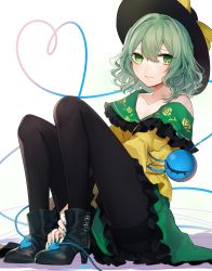 Rule 34 | 1girl, bad id, bad twitter id, bare shoulders, black footwear, black hat, black pantyhose, boots, bow, collarbone, commentary request, daimaou ruaeru, floral print, frilled shirt collar, frills, full body, green eyes, green hair, green nails, green skirt, hair between eyes, hat, hat bow, heart, heart of string, high heel boots, high heels, highres, komeiji koishi, looking at viewer, nail polish, off shoulder, pantyhose, shadow, shirt, short hair, simple background, sitting, skirt, solo, thighs, third eye, touhou, white background, yellow bow, yellow shirt
