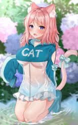 Rule 34 | 1girl, animal ear fluff, animal ears, arm behind back, blue eyes, blue footwear, blurry, boots, bow, breasts, cat ears, cat girl, cat tail, clothes writing, depth of field, flower, highres, hood, hood down, hydrangea, katsushika pachi, kneeling, large breasts, long hair, long sleeves, looking at viewer, open mouth, original, pink hair, ripples, see-through, sleeves past fingers, sleeves past wrists, slit pupils, solo, tail, tail bow, tail ornament, tail raised, underboob, water