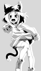 Rule 34 | animal ears, blush, gengorou, greyscale, hat, monochrome, no pants, panties, solo, striped clothes, striped panties, sweater, tail, thighhighs, underwear