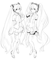 Rule 34 | 2girls, bare shoulders, boots, commentary, detached sleeves, dual persona, expressionless, full body, greyscale, hair ornament, hands up, hatsune miku, hatsune miku (nt), headphones, headset, high heels, long hair, looking at viewer, miniskirt, monochrome, multiple girls, neck ribbon, necktie, piano print, piapro, pleated skirt, rella, ribbon, shirt, shoulder tattoo, side-by-side, sketch, skirt, sleeveless, sleeveless shirt, smile, standing, tattoo, thigh boots, thighhighs, twintails, v, very long hair, vocaloid, white background, zettai ryouiki