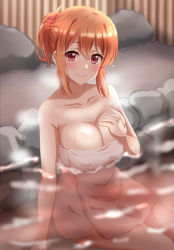 Rule 34 | 1girl, bathing, blush, breasts, brown hair, cleavage, closed mouth, collarbone, commentary request, dars (recolors), hair between eyes, hair bun, highres, large breasts, looking at viewer, mature female, naked towel, onsen, orange hair, partially submerged, red eyes, short hair, sidelocks, single hair bun, smile, solo, towel, water, yahari ore no seishun lovecome wa machigatteiru., yuigahama yui&#039;s mother