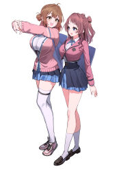 Rule 34 | 2girls, absurdres, ahoge, black overskirt, blazer, blue ribbon, blue skirt, blush, breasts, brown hair, cardigan, commentary request, cropped jacket, full body, gakuen idolmaster, hanami saki, hanami ume, hatsuboshi gakuen school uniform, highres, idolmaster, interlocked fingers, jacket, large breasts, loafers, long sleeves, looking at another, medium breasts, multiple girls, neck ribbon, own hands together, pink cardigan, pink jacket, pizzasi, pleated skirt, ribbon, school uniform, shirt, shoes, siblings, simple background, sisters, skirt, smile, sneakers, stretching, thighhighs, white background, white shirt, white thighhighs, zettai ryouiki