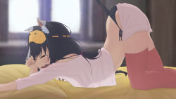 Rule 34 | 1girl, absurdres, animal ear fluff, animal ears, backlighting, bare shoulders, black hair, blush, cat ears, cat girl, cat stretch, cat tail, closed eyes, fang, highres, karyl (princess connect!), long hair, low twintails, multicolored hair, narrow waist, open mouth, princess connect!, rert5873, short shorts, shorts, sleepy, solo, streaked hair, stretching, tail, top-down bottom-up, twintails, very long hair, waking up, white hair, window