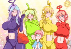 Rule 34 | 1boy, 4girls, :d, animal ears, animification, ara ara, bag, blonde hair, blue shirt, blush, bodysuit, braid, breasts, bright pupils, cigar cat, cleavage, closed mouth, clothing cutout, commentary, covered erect nipples, cropped legs, dipsy, doodle, gloves, green bodysuit, green eyes, green gloves, green hair, hair between eyes, hand on another&#039;s shoulder, heart, heart-shaped pupils, highres, huge breasts, humanization, laa-laa, large breasts, long hair, multiple girls, navel, navel cutout, nose blush, one eye closed, open mouth, parted bangs, pink hair, po (teletubby), purple bodysuit, purple gloves, purple hair, red bodysuit, red gloves, red hair, shirt, short hair, size difference, smile, sweat, symbol-shaped pupils, teletubbies, tinky winky, tongue, tongue out, twintails, white pupils, yellow bodysuit, yellow gloves