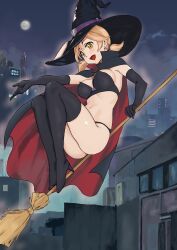 Rule 34 | 1girl, :d, absurdres, bikini, black bikini, black cape, black footwear, black gloves, black hat, black thighhighs, blonde hair, bow, bow bikini, broom, building, cape, cityscape, commentary request, elbow gloves, full body, full moon, gloves, hair bow, hat, hat ornament, high heels, highres, holding, holding broom, moon, night, night sky, open mouth, original, outdoors, pomerachi, purple bow, red cape, skull hat ornament, sky, skyscraper, smile, solo, swimsuit, thighhighs, tongue, twintails, witch, witch hat