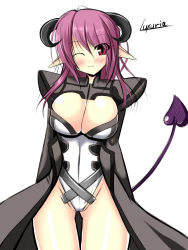 Rule 34 | 1girl, arms behind back, blush, breasts, horns, large breasts, long hair, looking at viewer, luxuria, one eye closed, phantasy star, phantasy star online 2, phantasy star portable 2, pointy ears, purple hair, simple background, smile, solo, thigh gap, valgiris, white background, wink