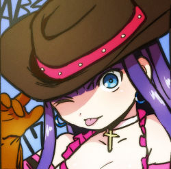 Rule 34 | 1girl, aoba (smartbeat), bare shoulders, bikini, blue eyes, breasts, brown gloves, chibi, cleavage, collarbone, cowboy hat, earrings, fate/grand order, fate (series), frilled bikini, frills, gloves, hat, hoop earrings, jewelry, large breasts, long hair, looking at viewer, martha (fate), one eye closed, purple hair, smile, solo, swimsuit, tongue, tongue out, white bikini
