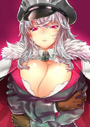 Rule 34 | 1girl, azur lane, blush, breasts, brown gloves, cape, chiha (abo ecm mk25), choker, collared shirt, cross, crossed arms, fur trim, gloves, graf zeppelin (azur lane), hair between eyes, hat, head tilt, huge breasts, iron cross, looking at viewer, parted lips, peaked cap, pink background, pink eyes, shirt, silver hair, solo, upper body, white shirt, wing collar