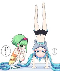 Rule 34 | ..., 2girls, barefoot, black shorts, blush, boots, bra, forehead, frilled skirt, frills, frown, goggles, goggles on head, green eyes, green hair, grey shirt, gumi, hair ornament, handstand, hatsune miku, highres, kasaki sakura, knee boots, layered skirt, long hair, looking at viewer, looking at watch, multiple girls, navel, open mouth, orange shirt, pout, red goggles, shirt, short hair, short sleeves, shorts, skirt, smile, speech bubble, spoken ellipsis, squatting, striped bra, striped clothes, translated, trembling, twintails, underwear, upside-down, very long hair, vocaloid, watch, white background, white footwear, wristwatch