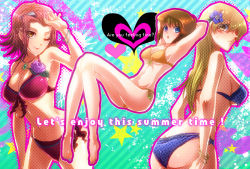 Rule 34 | 3girls, armpits, arms up, ass, barefoot, bikini, blonde hair, blue eyes, blush, bracelet, breasts, brown eyes, brown hair, butt crack, english text, flower, front-tie top, hair flower, hair ornament, heart, izayoi aki, jewelry, large breasts, long hair, looking back, mazaki anzu, midriff, multiple girls, navel, necklace, one eye closed, open mouth, raijin-bh, red hair, rhyme, short hair, side-tie bikini bottom, smile, swimsuit, tenjouin asuka, text focus, wink, yu-gi-oh!, yu-gi-oh! 5d&#039;s, yu-gi-oh! gx, yuu-gi-ou, yu-gi-oh! duel monsters