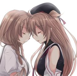 Rule 34 | 2girls, asymmetrical clothes, beret, black hat, black serafuku, braid, breasts, closed eyes, closed mouth, cloud hair ornament, face-to-face, forehead-to-forehead, from side, gradient hair, hat, heads together, hirune (konekonelkk), kantai collection, light brown hair, long hair, minegumo (kancolle), multicolored hair, multiple girls, murasame (kancolle), murasame kai ni (kancolle), neckerchief, profile, red neckerchief, sailor collar, school uniform, serafuku, shirt, short sleeves, simple background, suspenders, twin braids, twintails, two side up, upper body, white background, white sailor collar, white shirt