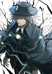Rule 34 | 1boy, bad id, bad pixiv id, black coat, black hat, closed mouth, coat, cowboy shot, edmond dantes (fate), fate/grand order, fate (series), fedora, hair over one eye, hat, looking at viewer, male focus, sando (310 sand), simple background, smile, solo, white background, white hair, yellow eyes