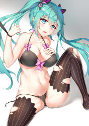 Rule 34 | 1girl, absurdres, aqua eyes, aqua hair, black bra, black panties, blush, bra, breast suppress, breasts, butterfly hair ornament, cleavage, hair ornament, hatsune miku, highres, large breasts, long hair, looking at viewer, navel, open mouth, panties, sitting, skindentation, solo, striped clothes, striped thighhighs, tears, thighhighs, torn clothes, torn thighhighs, twintails, underwear, underwear only, vertical-striped clothes, vertical-striped thighhighs, very long hair, vocaloid, yiyu qing mang