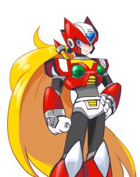 Rule 34 | 1boy, blonde hair, blue eyes, clenched hand, commentary request, hand on own hip, helmet, long hair, male focus, mega man (series), mega man x (series), simple background, smile, solo, white background, yuriyuri (ccc), zero (mega man)