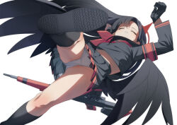 1girl armband black_gloves black_hair black_sailor_collar black_serafuku black_shirt black_skirt black_wings blue_archive blush breasts closed_eyes feathered_wings fu-ta gloves gun hair_ornament hairclip halo ichika_(blue_archive) kneehighs large_breasts long_hair long_sleeves neckerchief panties pleated_skirt red_neckerchief sailor_collar school_uniform serafuku shirt skirt socks solo thighs underwear weapon white_panties wings