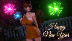 Rule 34 | 1girl, 3d, absurdres, animal ears, bare shoulders, blazblue, bouquetman, breasts, dress, fireworks, happy new year, highres, large breasts, makoto nanaya, new year, sleeveless, squirrel ears, squirrel tail, tail